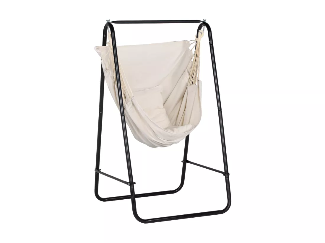 Chaise suspendue de jardin avec support et coussin acier noir coton beige