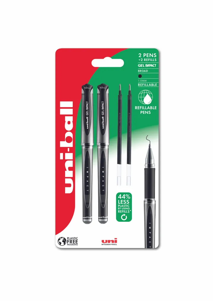 Rollerpen Uni-ball Gel Impact 153 sort -  2 stk. Gel Rollerpenne,  2 stk. refills, stregbredde 1,0mm