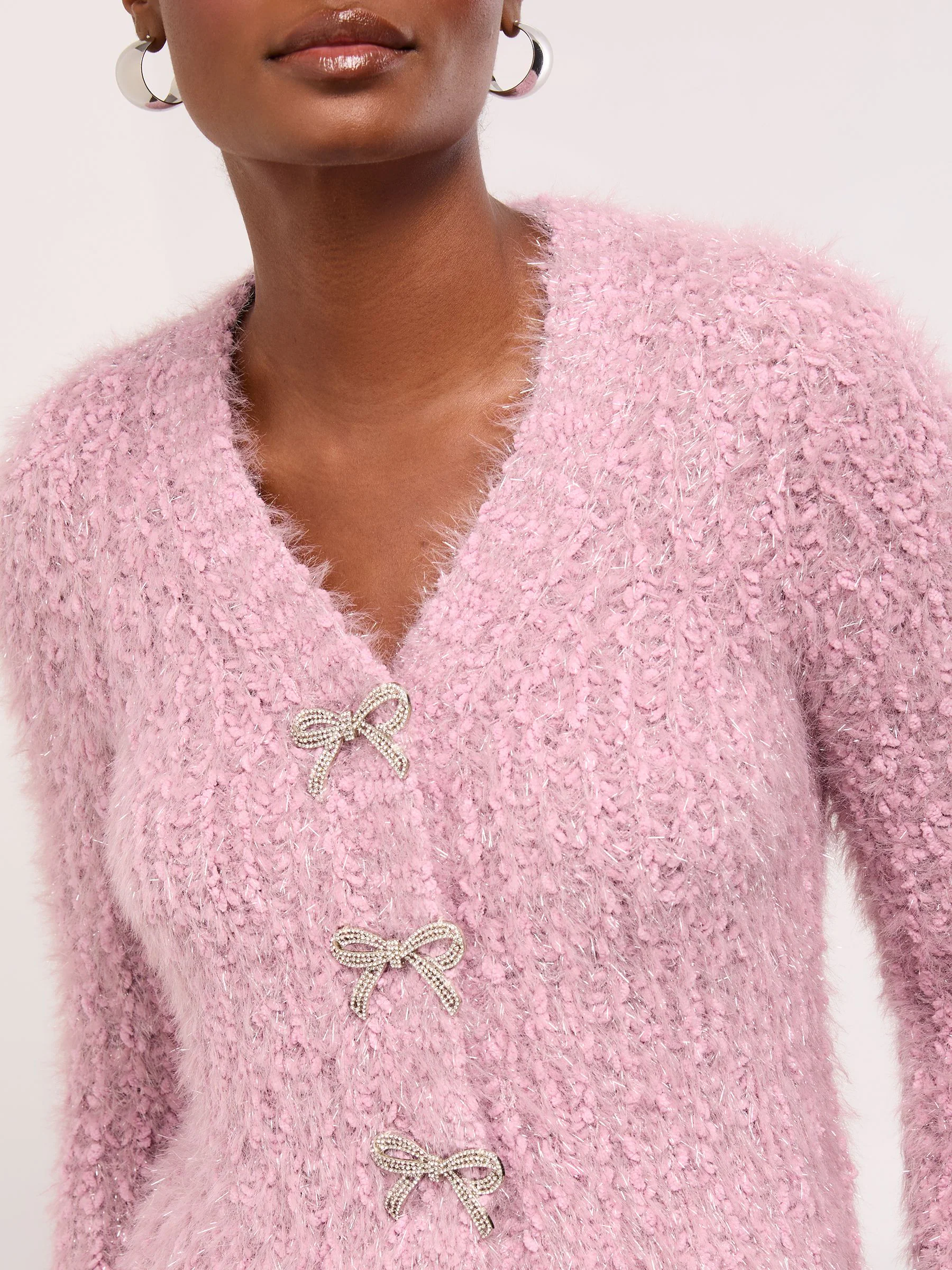 Lipsy V-Neck Textured Tinsel Embellished Bow Buttoned Knit Cardigan
