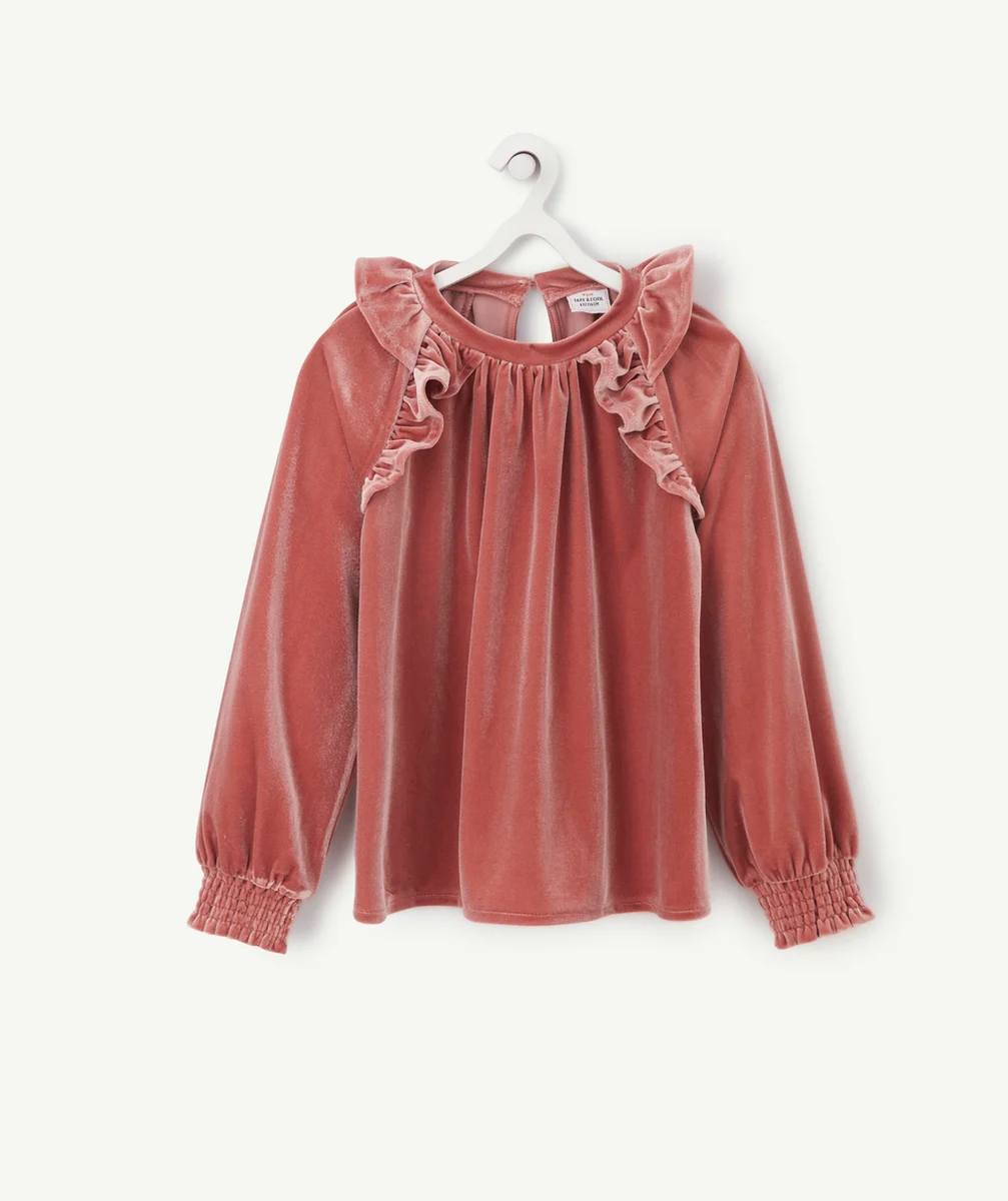 BLOUSE EN VELOURS VIEUX ROSE AVEC FRONCES FILLE
