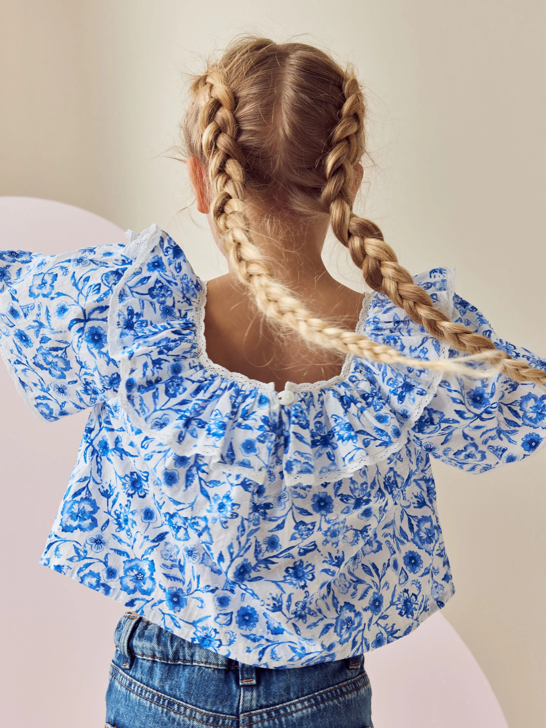 Zwart bloemenprint - Bedrukte katoenen blouse met ruches van (100% katoen) (3 - 16 jr)