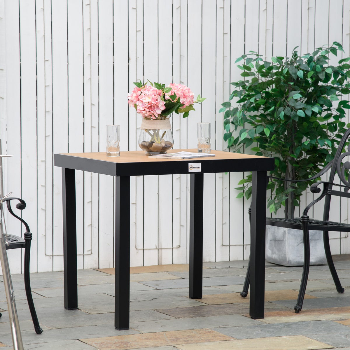 Outsunny tuintafel voor 4 personen, eettafel, 78 x 78 x 74 cm, kunststof, naturel+zwart
