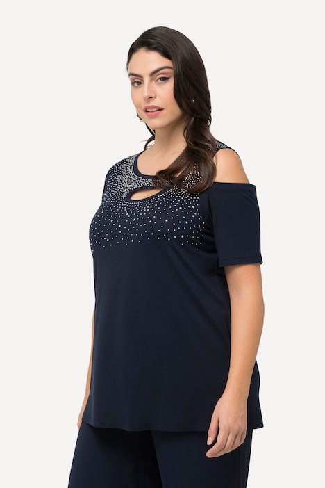 T-Shirt, Ziersteine, A-Linie, Cut-Outs, Halbarm