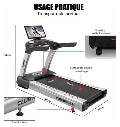 Tapis de course professionnel - 25km/h - CARE - CLUB RUNNER écran TFT