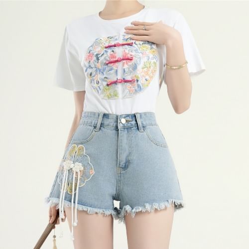 Dragan Pulse - Gewassen denim shorts met hoge taille en borduurwerk