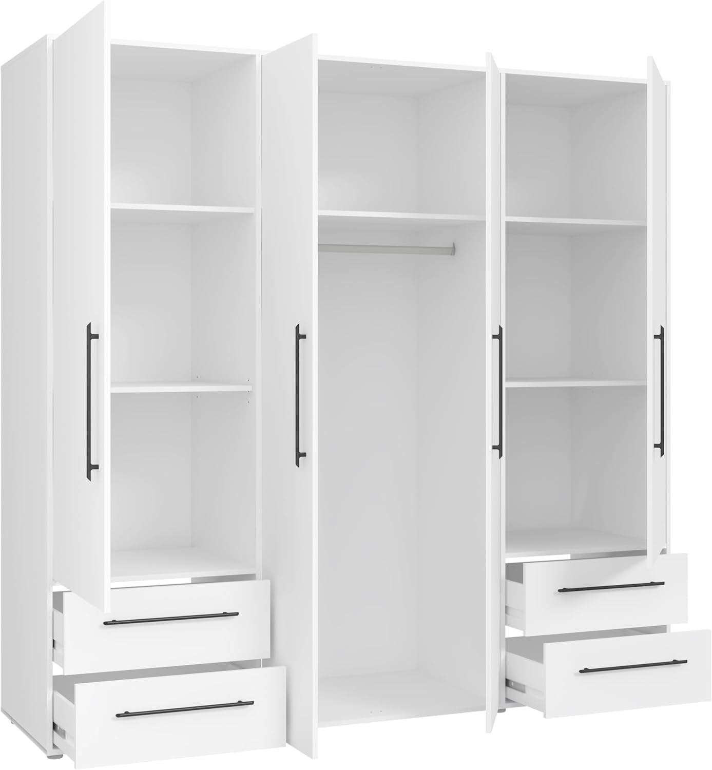 FORTE Jupiter Schrank 200 210, weißer Kleiderschrank, Drehtürenschrank, 3-türig, mit 2 Schubladen und Einlegeböden, Weiß, 206 cm breit x 59 cm tief x 200 cm hoch
