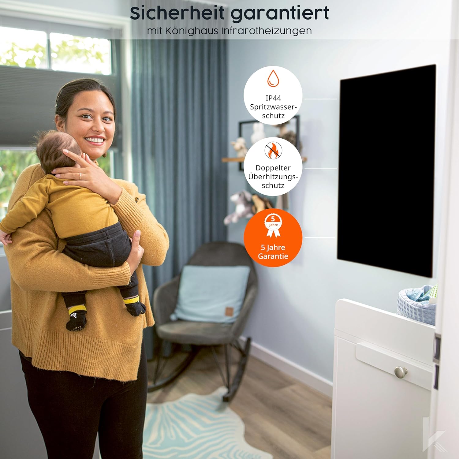 Könighaus Infrarotheizung - 800 Watt Black Edition mit TÜV SÜD + 5 Jahre Herstellergarantie ✓ Doppelter Überhitzungsschutz ✓ Heizkörper in 2-4 min auf Betriebstemperatur