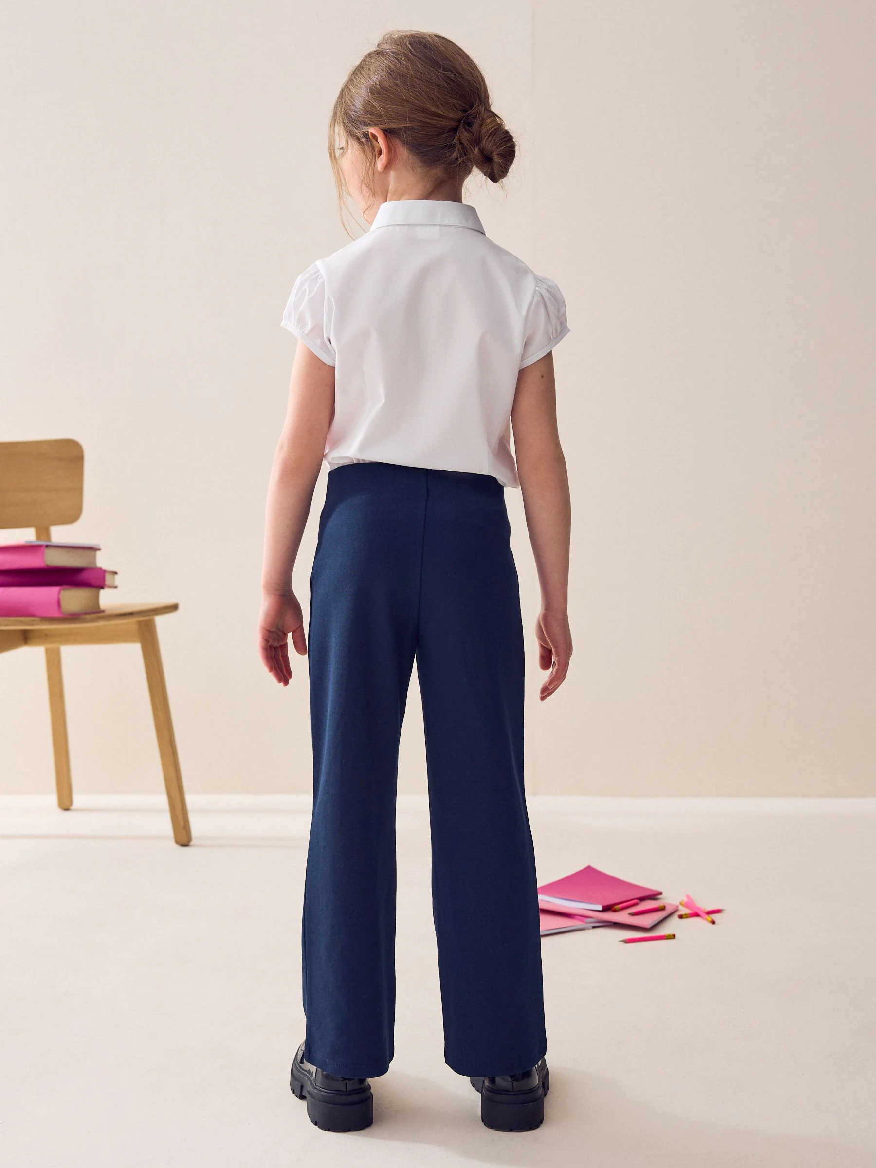 Donkerblauw - Schoolbroek met hoog aandeel katoen, stretchy, bootcut en elastische tailleband (3 - 16 jr)