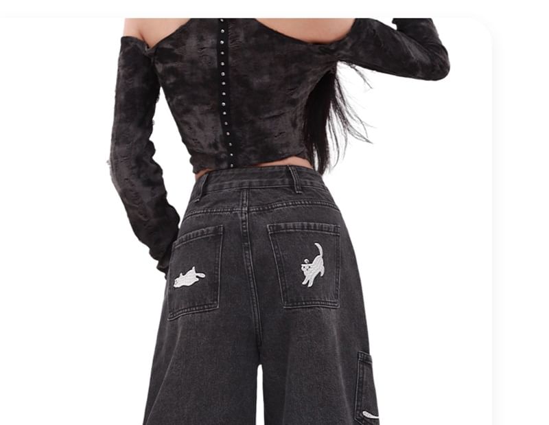 AXEN - Mid Rise Lettering Star Geborduurde Washed Wide Leg Jeans