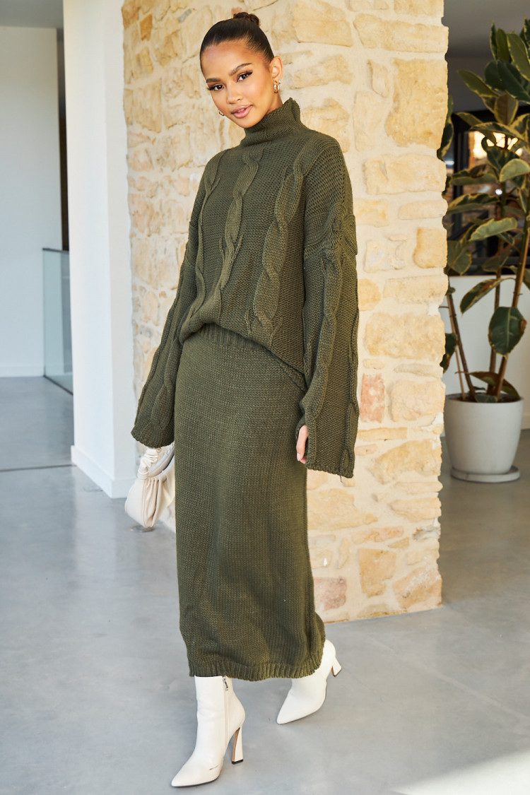 Ensemble 2 pièces pull + jupe en maille kaki