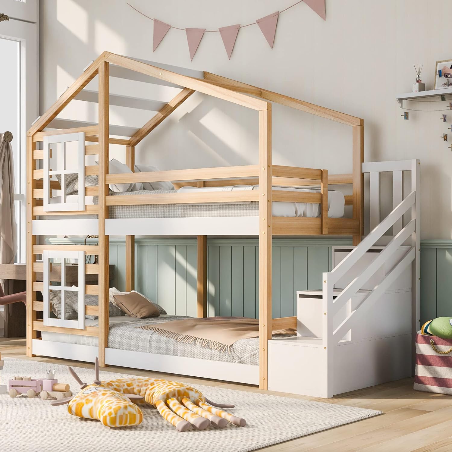 Kinderbett Etagenbett 90x200 cm, Hochbett Baumhausbett mit Treppe und Stauraum Schublade für 2 Kinder, Bett mit Rausfallschutz und Fenster, Hausbett mit Lattenrost, Natur & Weiß, Ohne Matratze