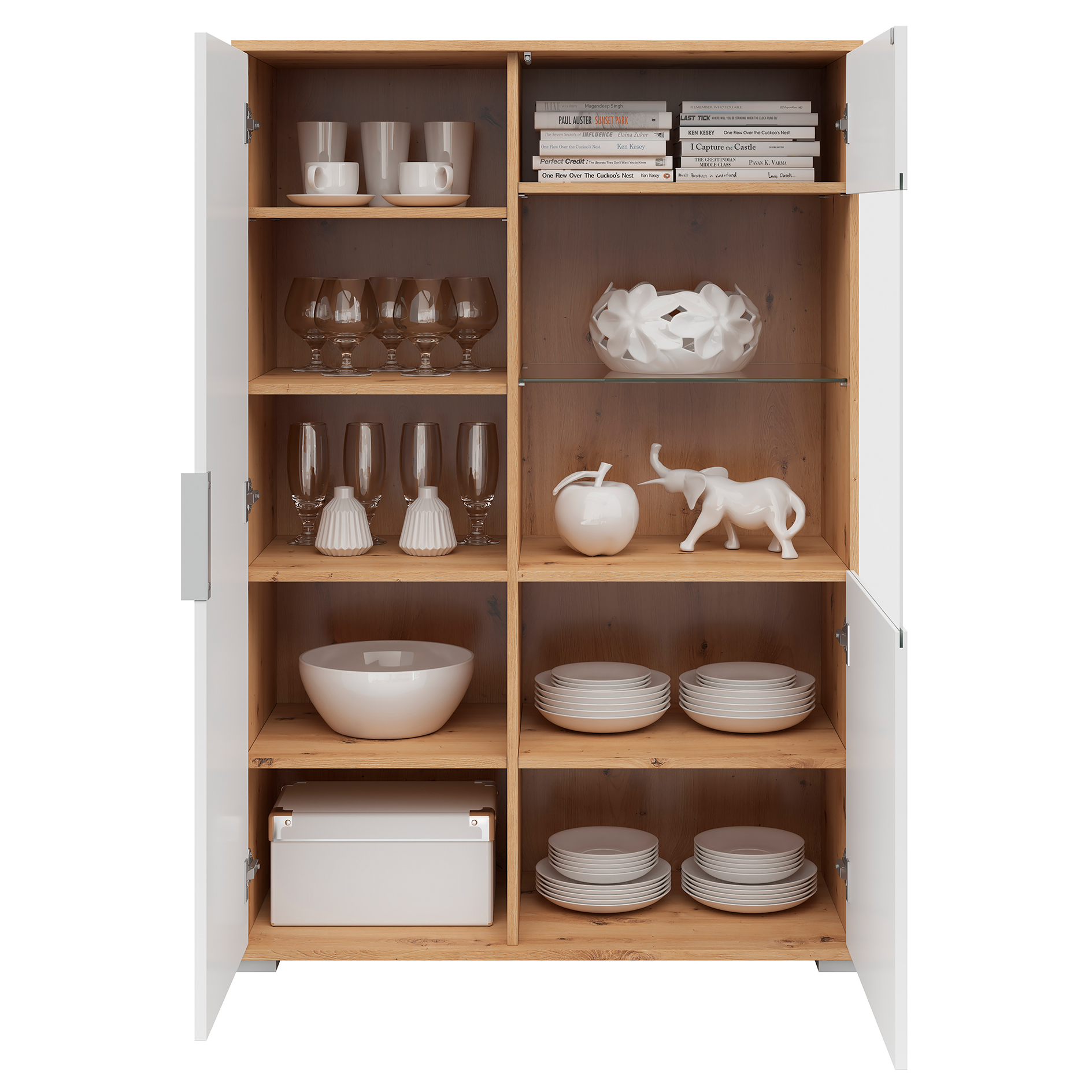 Highboardvitrine - weiß Glanz - Artisan Eiche - 90 cm breit