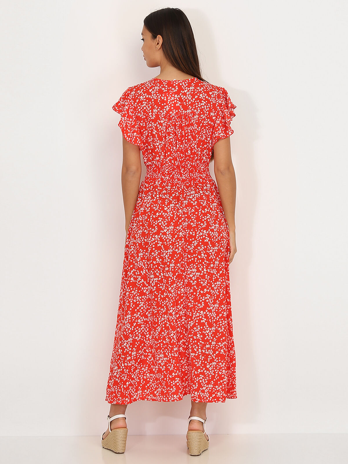 Robe évasée smockée à fleurs- Rouge