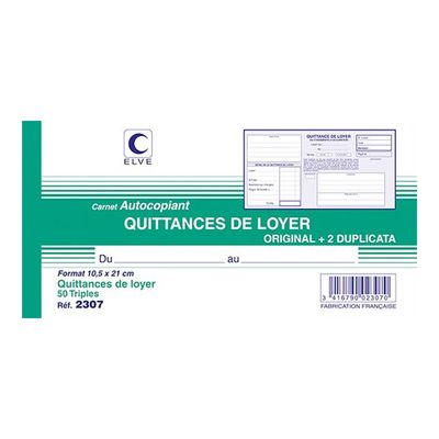 ELVE - Manifold Carnet de quittances de loyer - 50 tripli - 10,5 x 21 cm