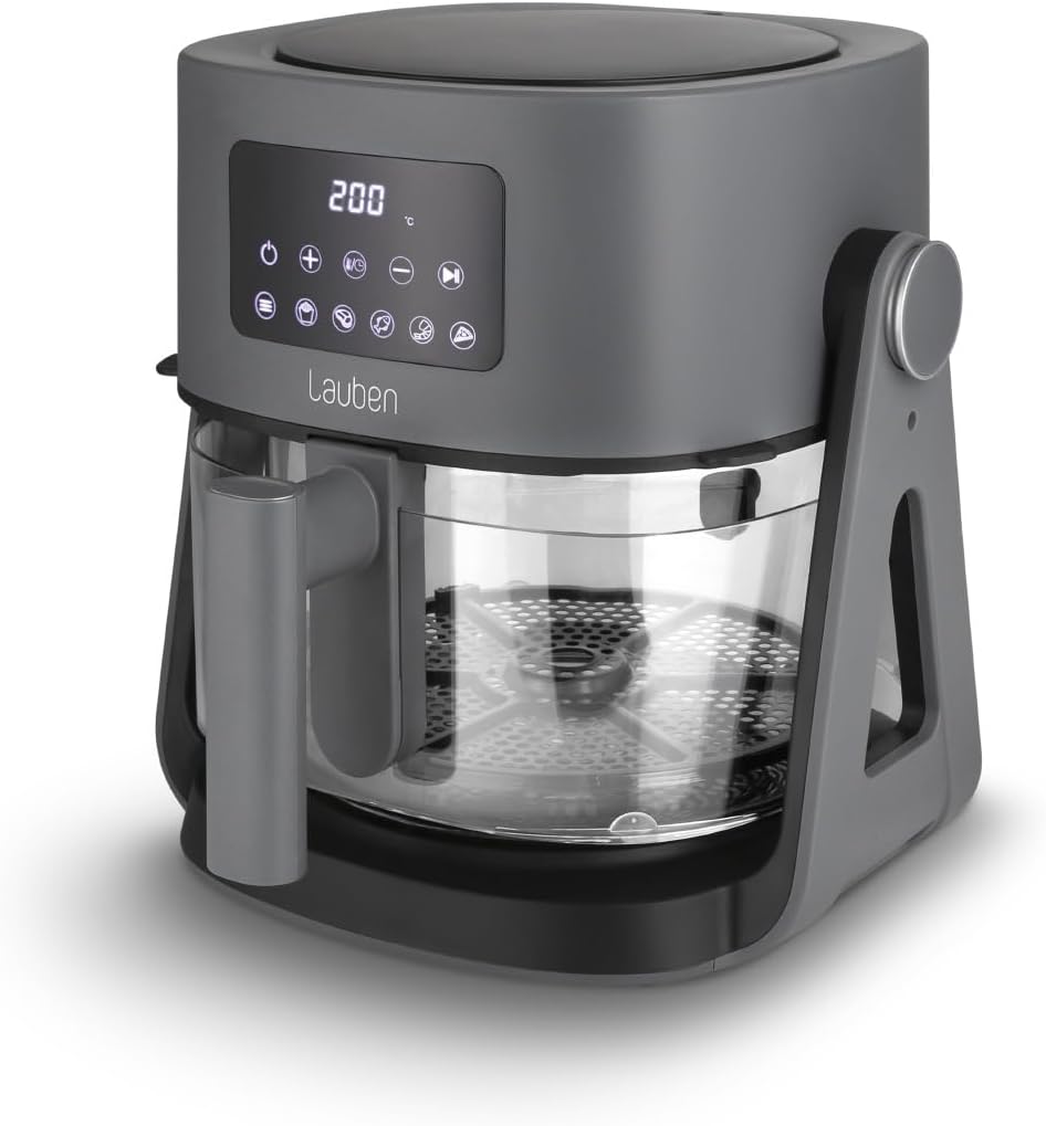 Lauben Glass&Grill Air Fryer 3in15500BG Heißluftfritteuse mit Inhalt 4,2l, Frittierkorb aus Glas, 6 Programme + Manuelles Einstellen, 3in1 - kann als Grill und Bratpfanne verwendet werden, PFOA free