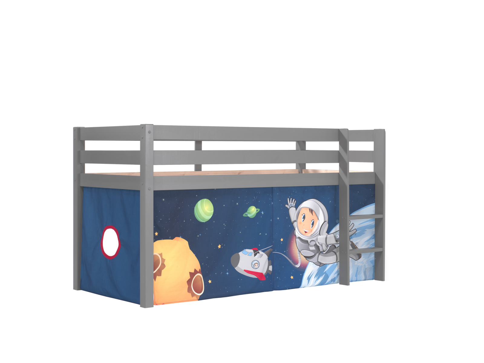 Hochbett PINO Spaceman - grau Kiefer Massivholz - Vorhang - 90x200 cm