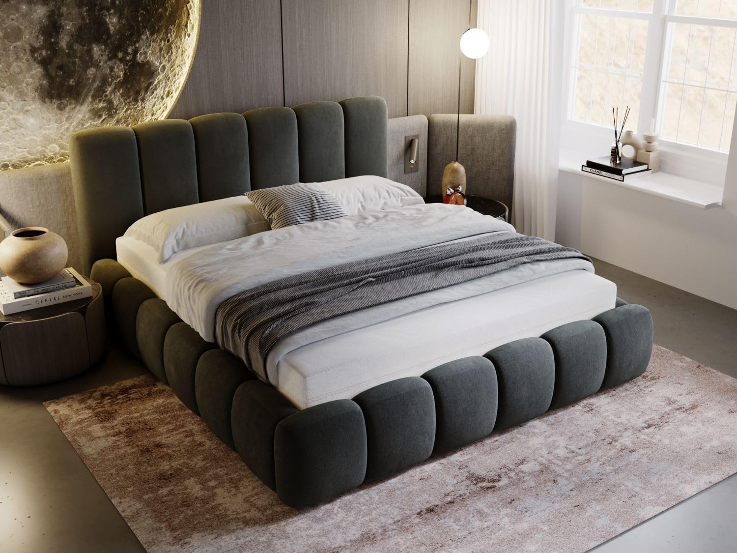GRAINGOLD Cloud Bett 180x200, Polsterbett mit Bettkasten, Polsterbett mit Stauraum, Samt, mit Lattenrost, mit Kopfteil, ohne Matratze (Grau, 180x200)