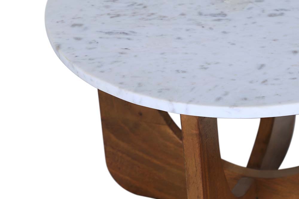 Runder Couchtisch ENSO 60cm weiß Marmor braun massiv Mangoholz