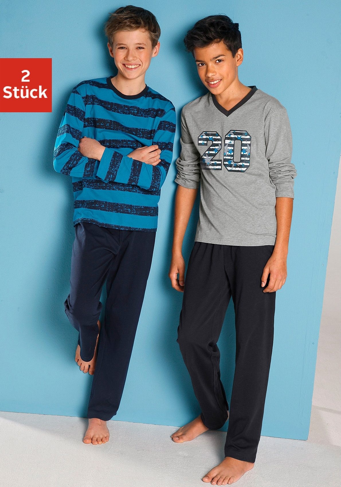 AUTHENTIC LE JOGGER Pyjama, 4 Stk. mit lässigem Druck und gedruckten Streifen