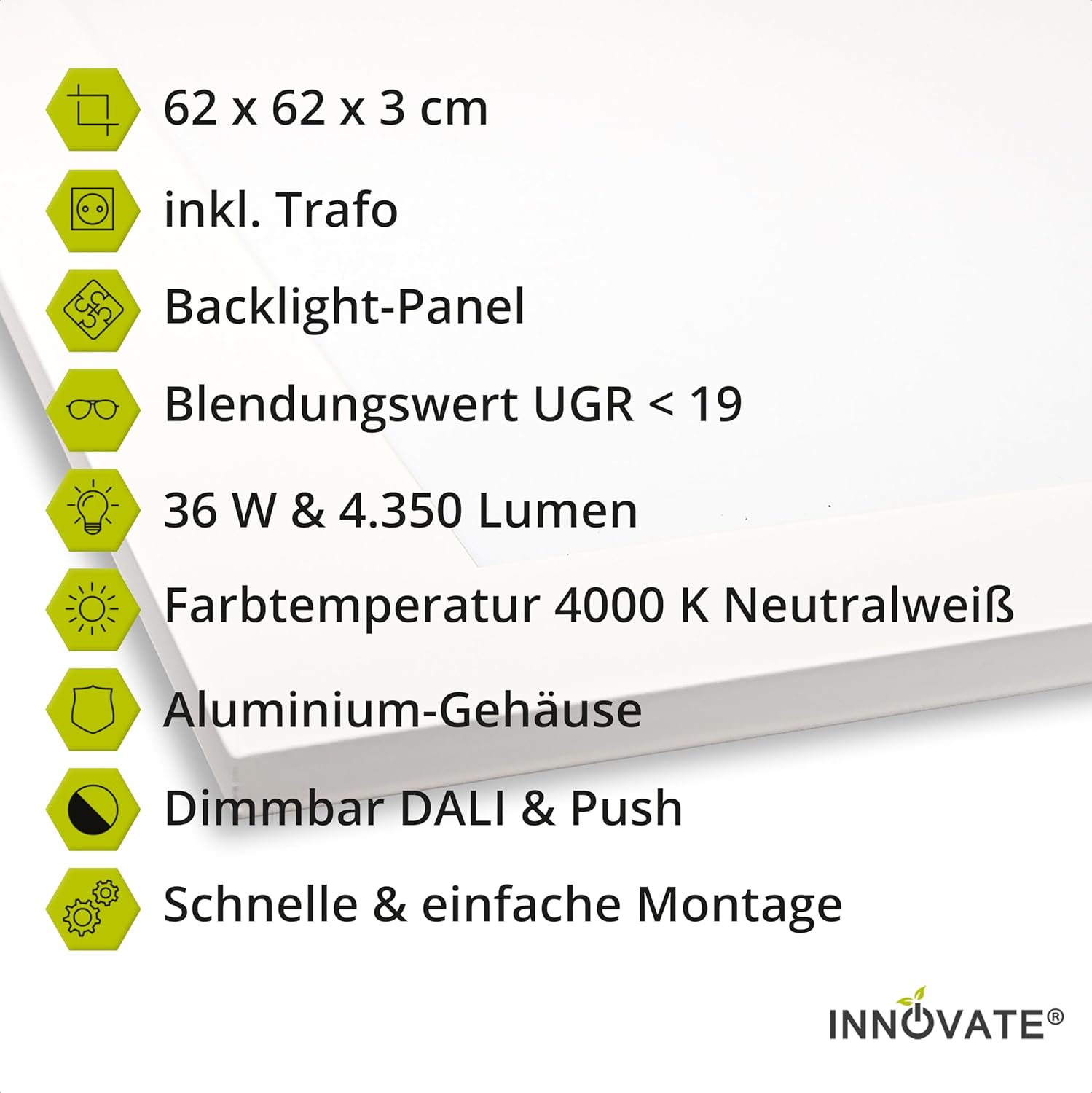 INNOVATE LED Panel 62x62 DALI dimmbar [Backlight-Panel LED Deckenleuchte dimmbar inkl. Trafo] Deckenlampe Odenwalddecke I Panel Deckenleuchte Einbauleuchten Büro I Deckenplatten 62x62 Rasterdecke