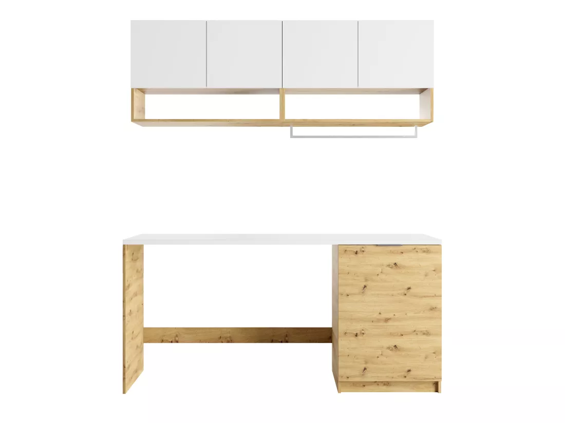 Meubles de buanderie pour machine à laver avec plan de travail - L182 cm - Blanc et naturel clair - NATAJI