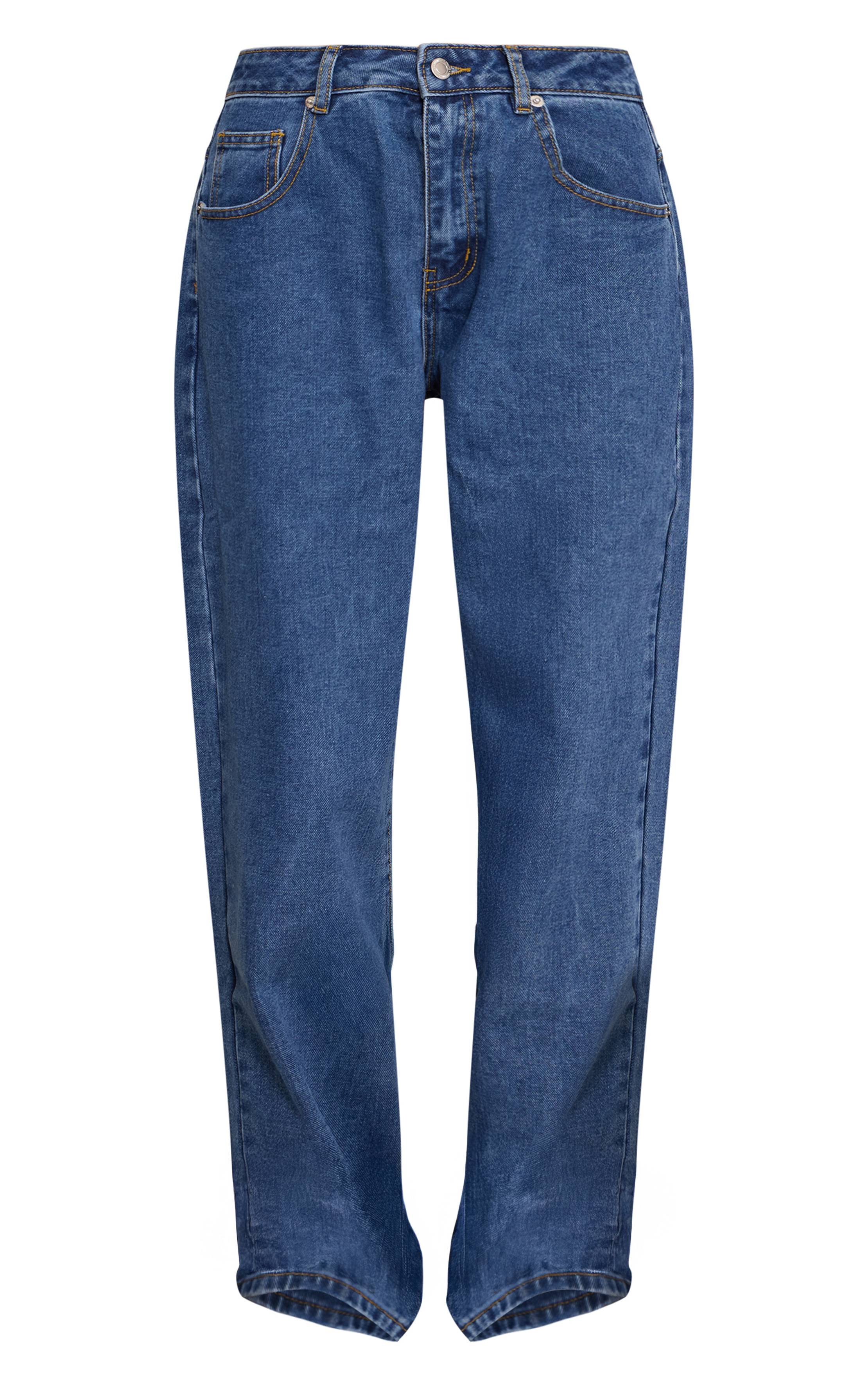 Mid Blue Wash Jean Boyfriend Style Dos Plongeant Délavage Bleu Moyen