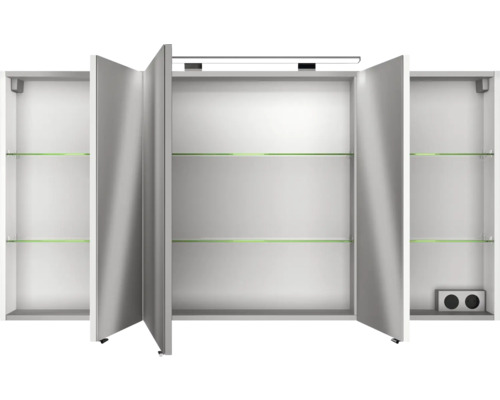 3-delige badkamermeubelset Pelipal xpressline 4010 BxHxD 144 x 200 x 49,5 cm, fronten hoogglans wit, met witte keramische wastafel en keramische spoelbak, badmeubel, spiegelkast met LED-verlichting, chromen grepen, 4010.1400109 40101400109