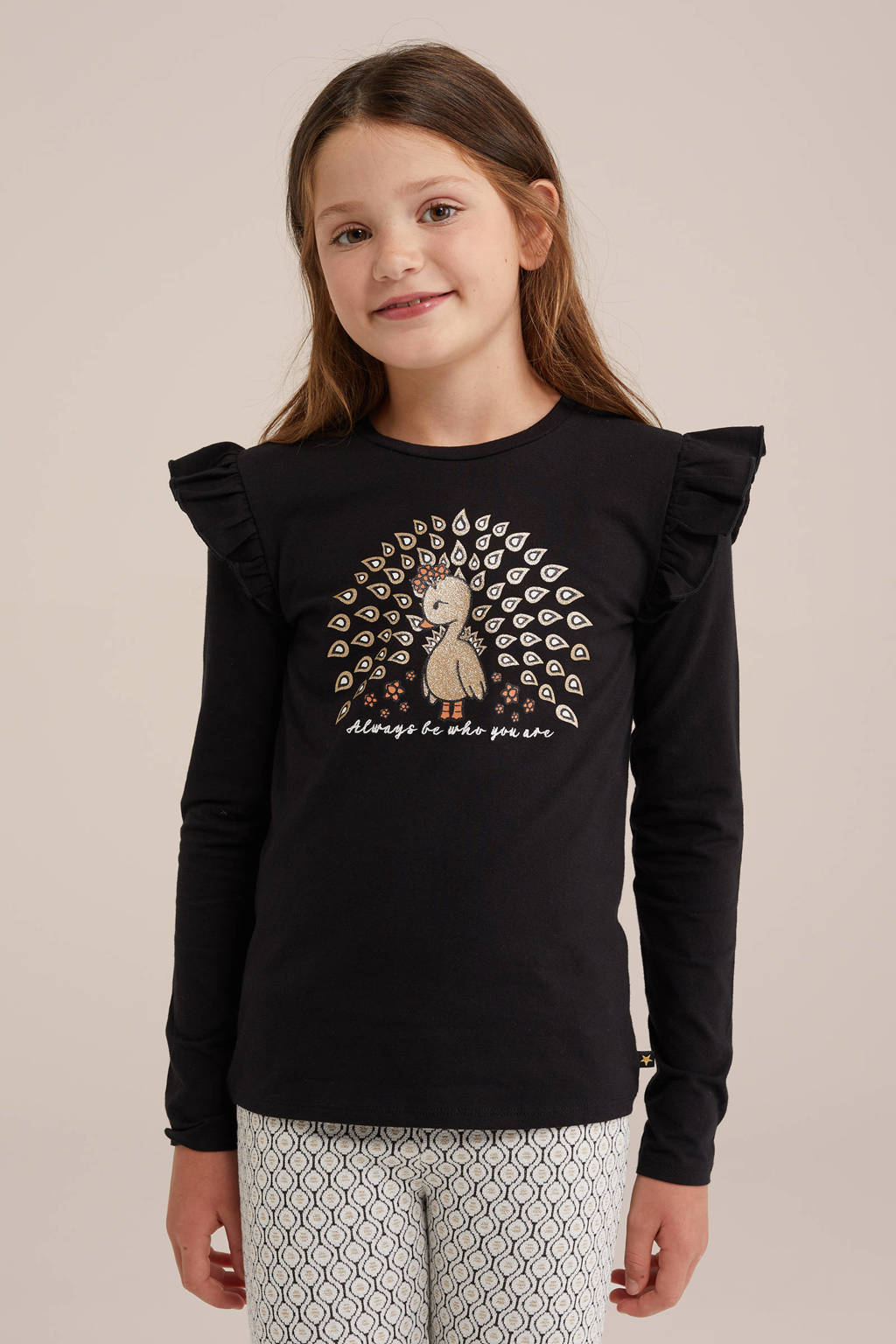 WE Fashion longsleeve met printopdruk en glitters zwart/goud