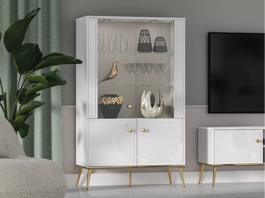 Vitrine haute - 4 porte - blanc avec pieds dorés - DARRBY