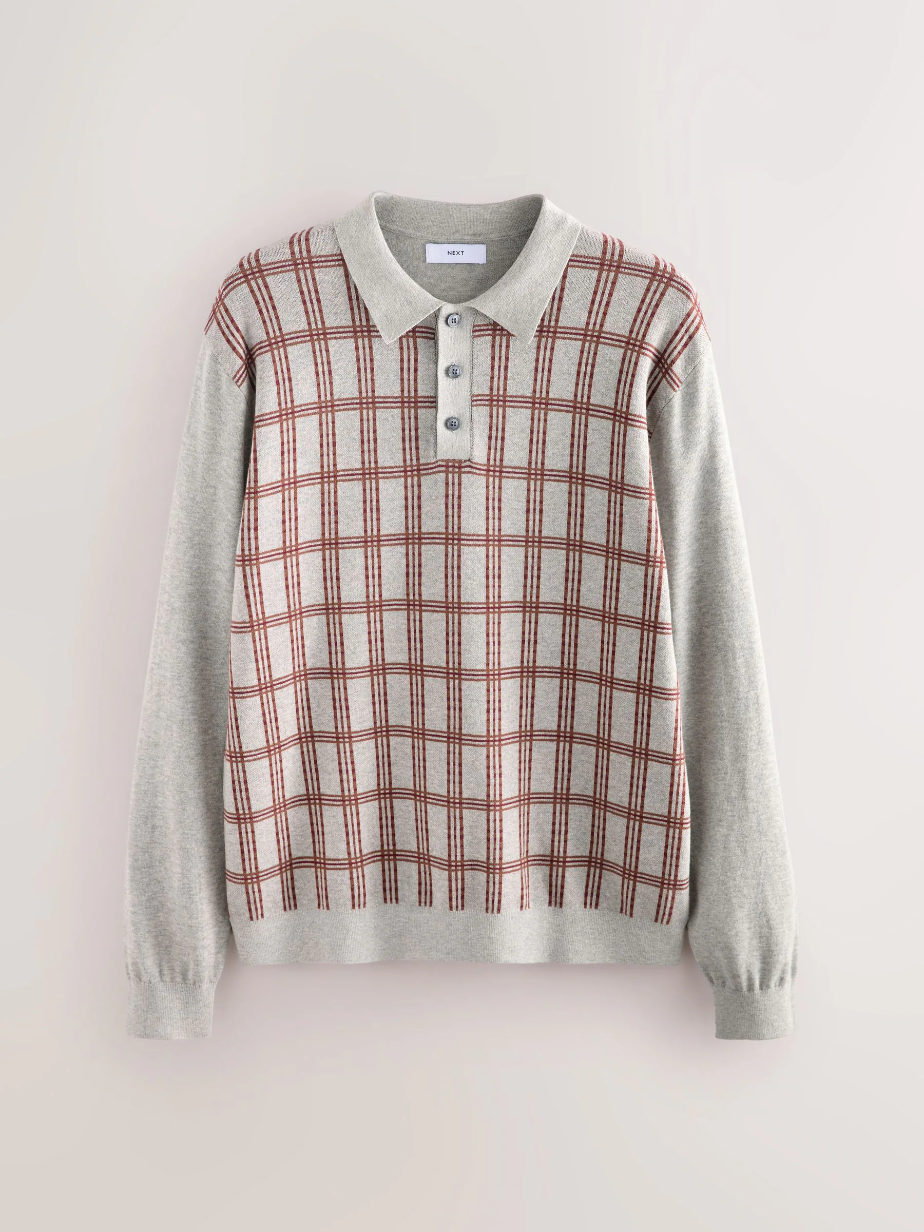 Grijs - Regular Fit Long Sleeve Knitted Check Polo Shirt