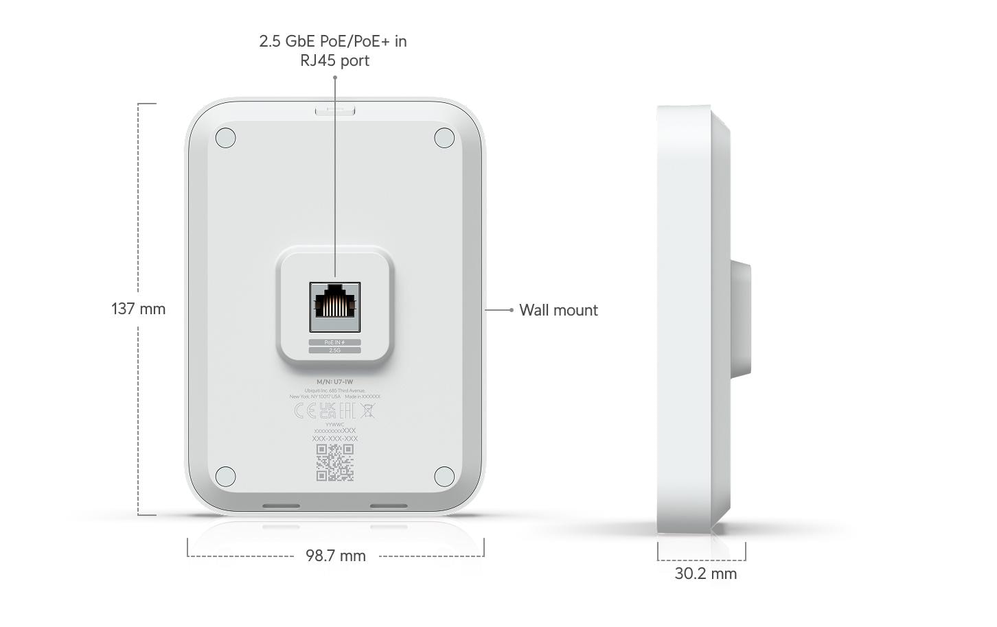 Access Point Unifi U7 In-Wall<br>Wandmontierter WiFi 7 AP mit 4 räumlichen Streams und integriertem 2,5 GbE PoE-Switch für den Einsatz im Gastgewerbe