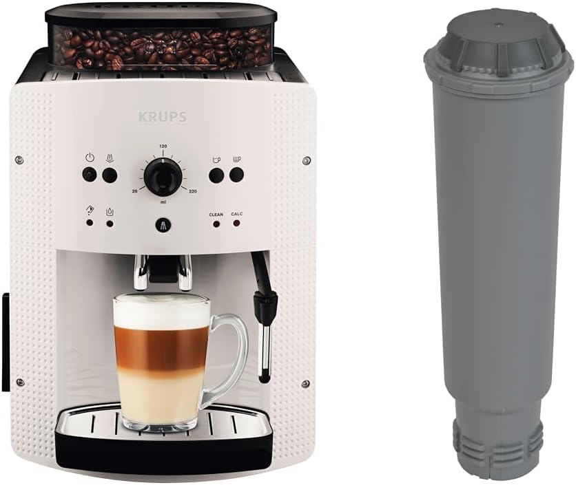 Krups Machine à café broyeur grain, 2 expresso simultanés, Nettoyage automatique, Buse vapeur Cappuccino, Essential blanche EA810570