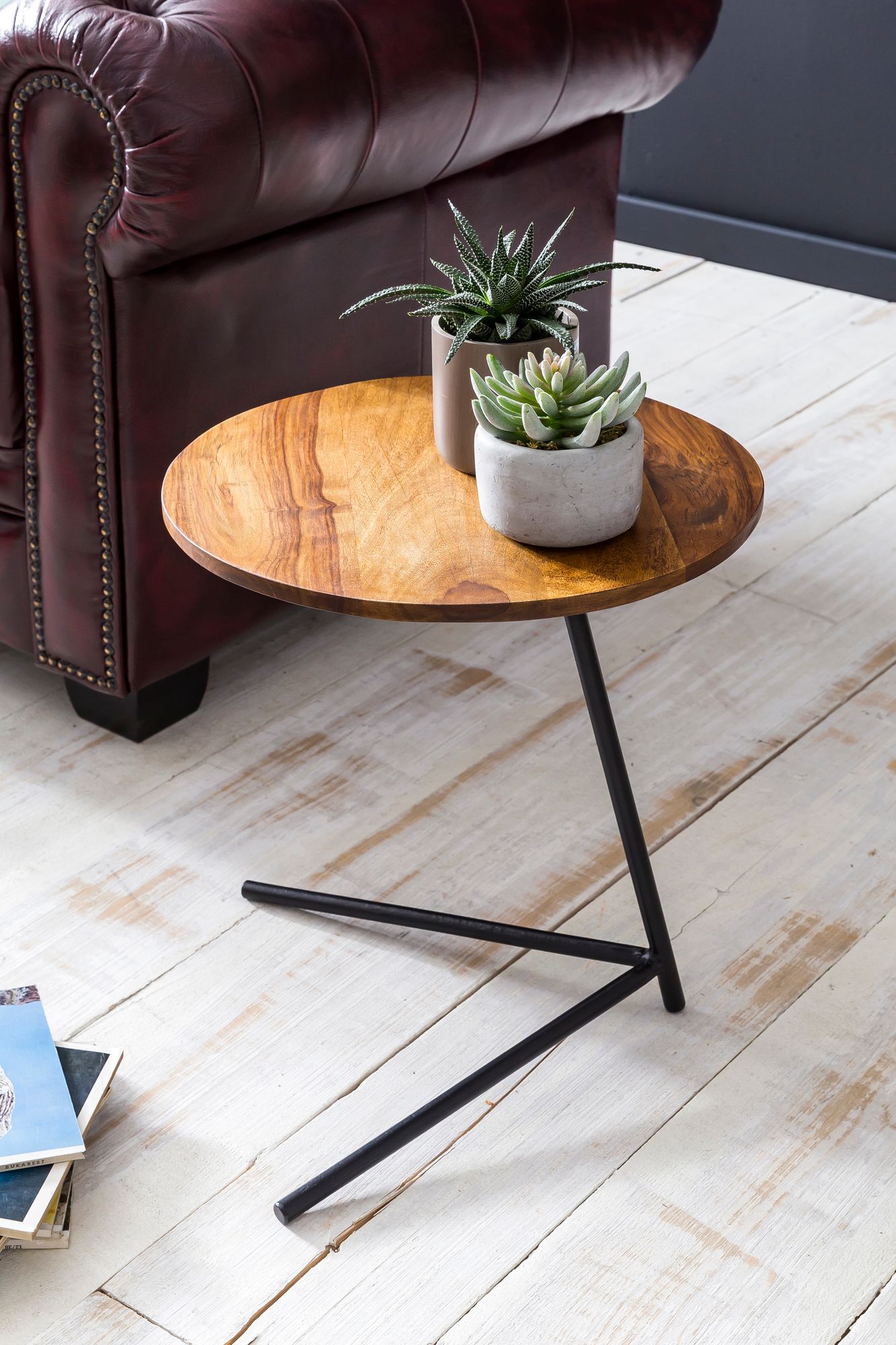 FineBuy Design Beistelltisch Ø 40 cm Couchtisch Sheesham Massivholz Metall