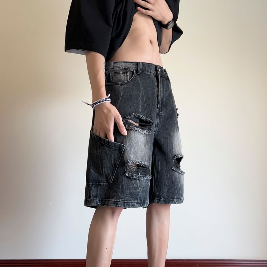 Breeson - Low Rise Washed Distressed Wide Leg Denim Shorts