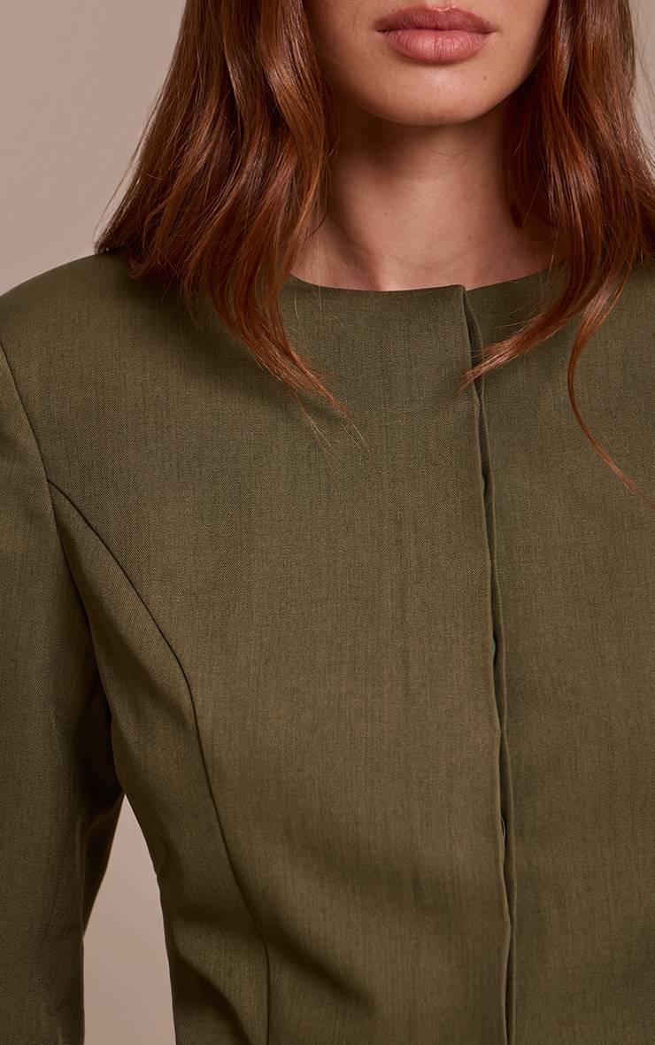 Dark Khaki Blazer Court Ajusté En Tissu Tissé Ensemble Coordonné