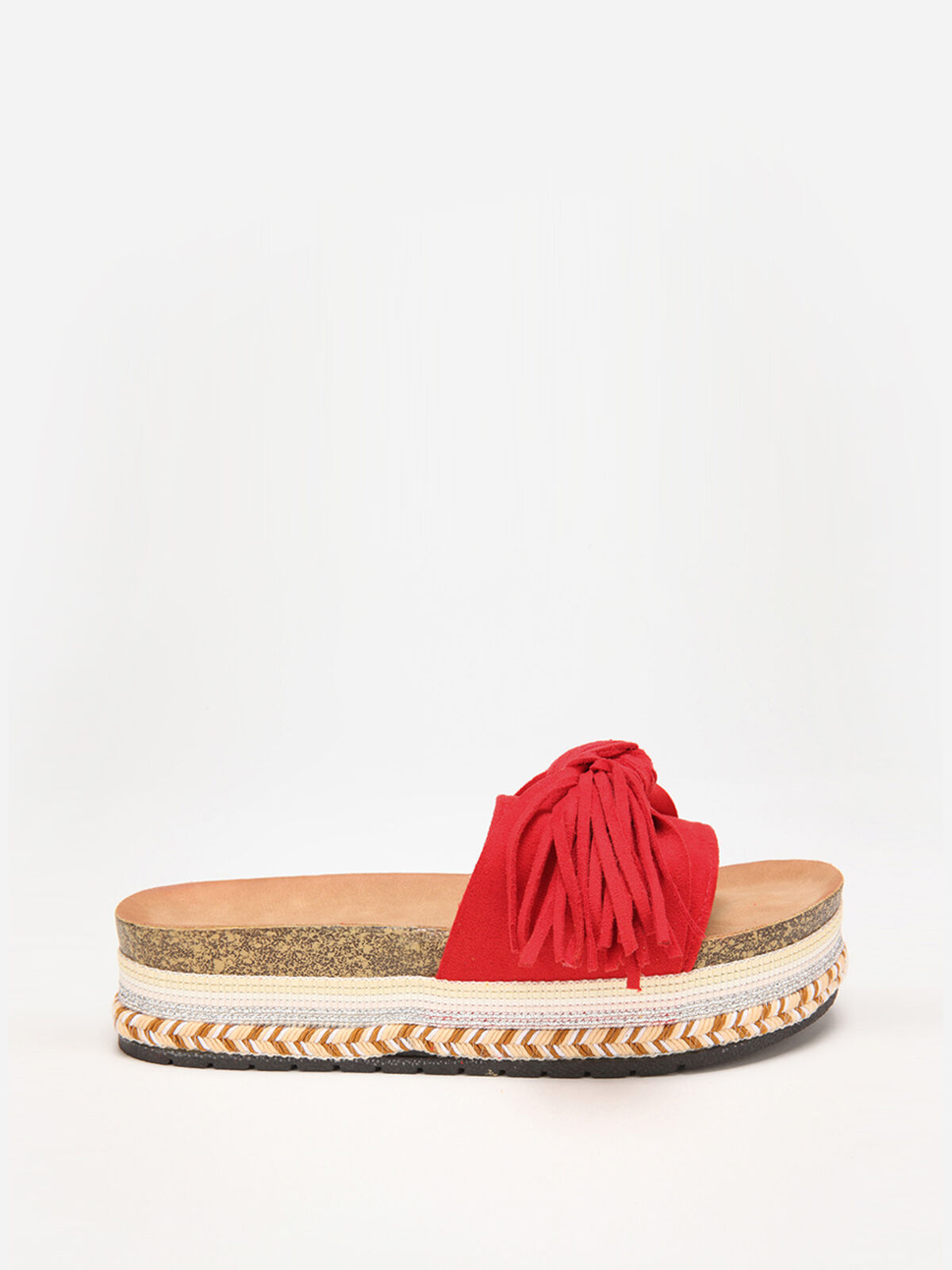 Mules à motif ethnique avec noeud et pompon- Rouge