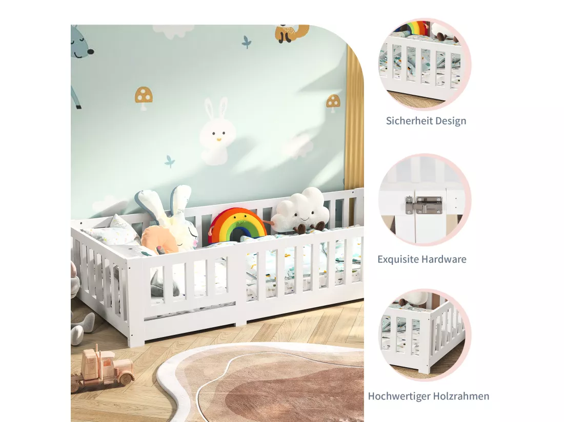 Lit cabane enfant 90x200cm, avec sommier à lattes, lit plat, lit enfant, barrière antichute, pin massif, Blanc