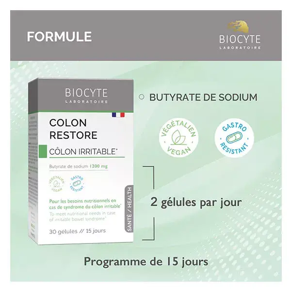 Biocyte Colon Restore Butirato de Sódio Síndrome do Intestino Irritável 30 cápsulas