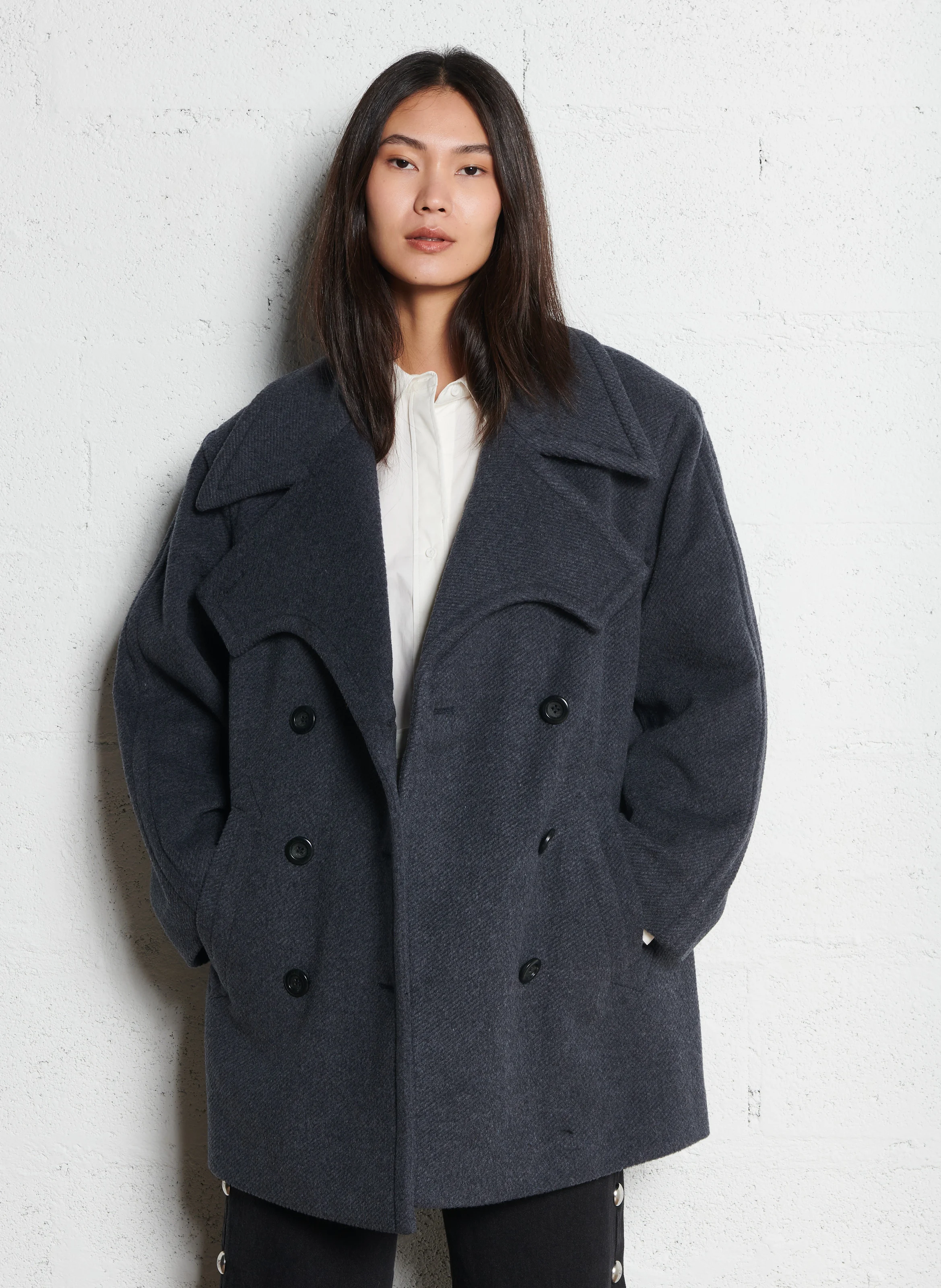 MARTINE - Manteau ample col tailleur en laine mélangée | Noir