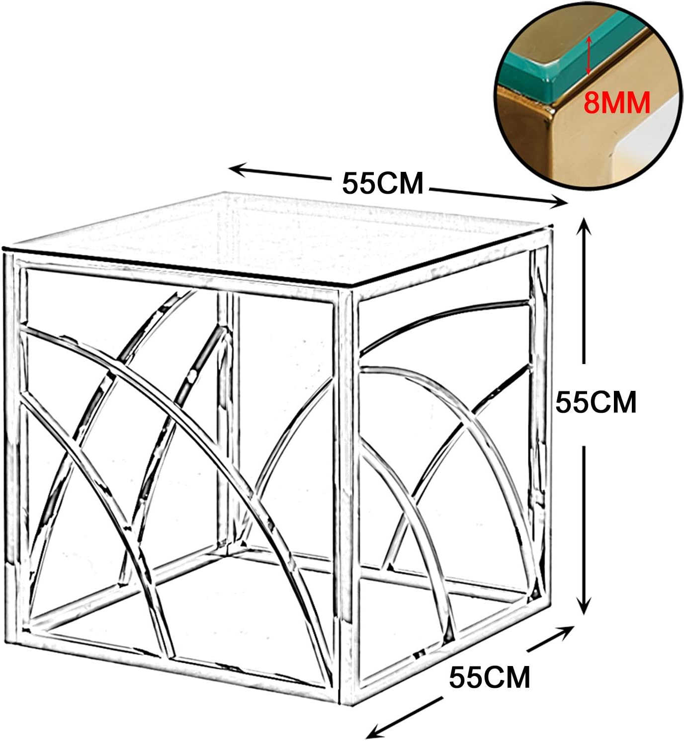 Beistelltische Couchtisch Sofatisch für Wohnzimmer, Schlafzimmer Küche Café und Bar, moderner Kaffeetisch mit Edelstahl Gestell und transparentem Hartglas (quadratisch silbern)