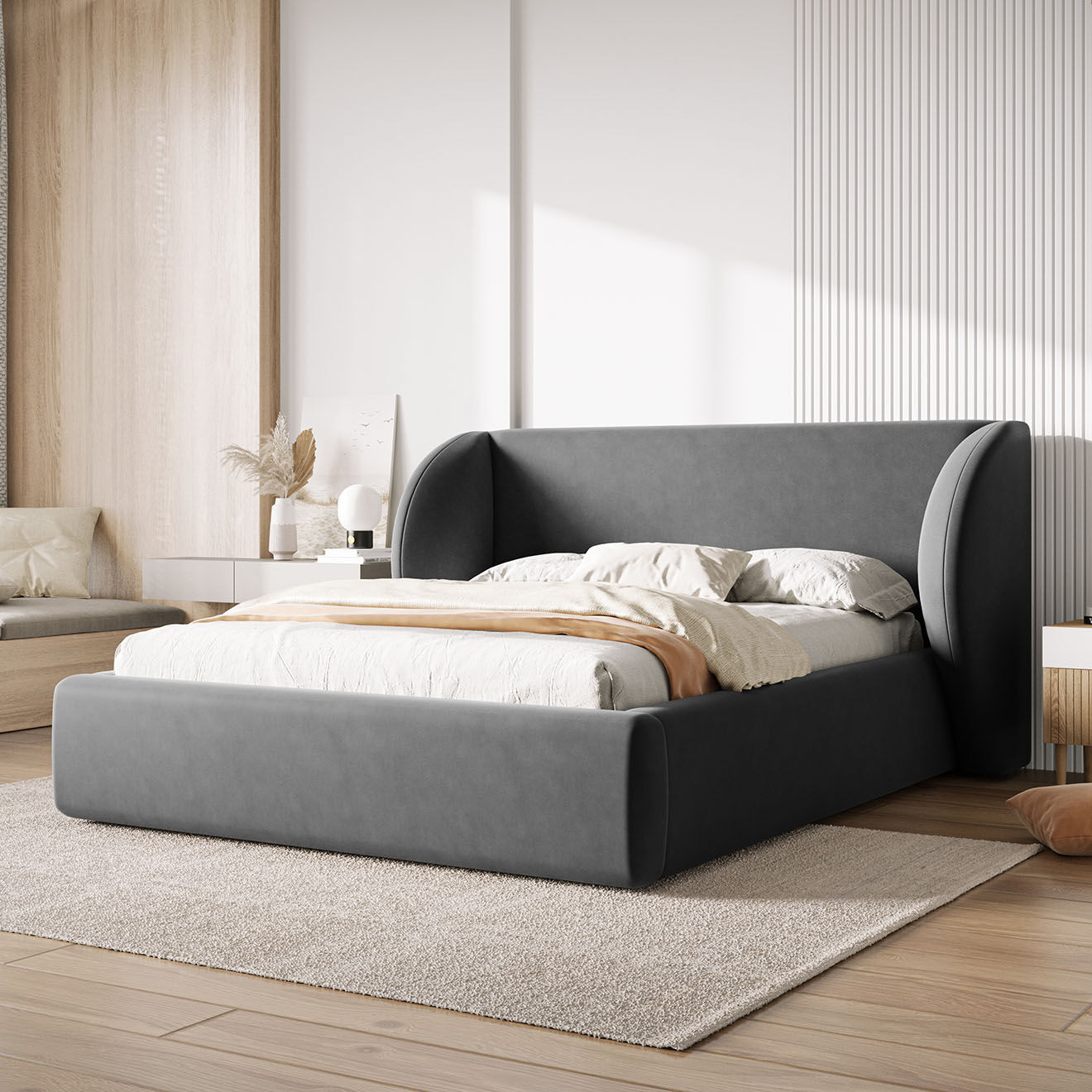 Micadoni Lit Coffre en Velours avec Tête de Lit Miley gris - 230x247x100 cm
