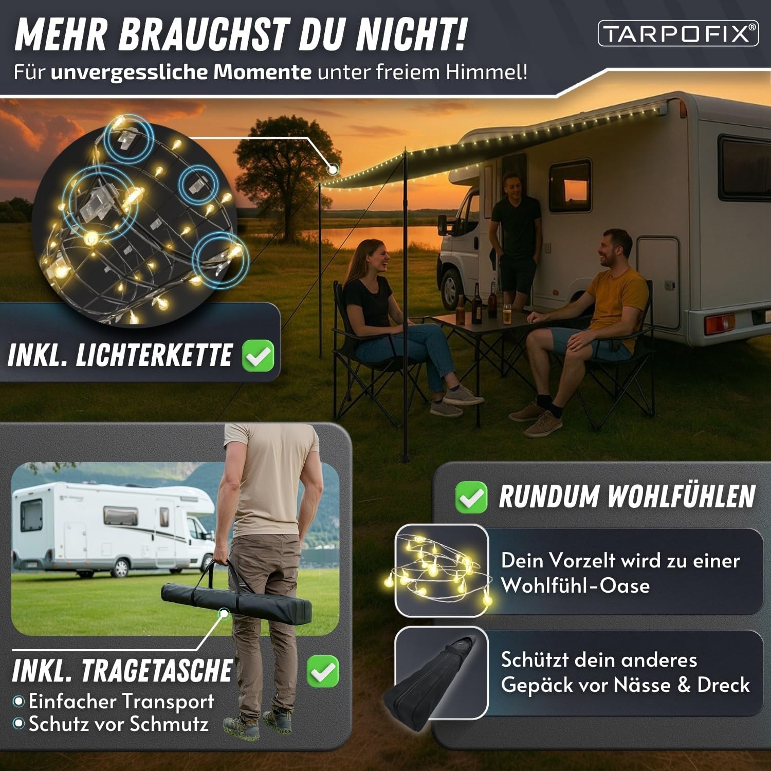 Tarpofix® Sonnensegel Wohnwagen 3 x 2,4 m | 100% Wasserabweisendes Sonnendach für Kederleiste | Sonnenschutz & UV Schutz für Camping mit Multi Keder | Vorzelt Plane für Camper & Wohnmobil Caravan Tarp