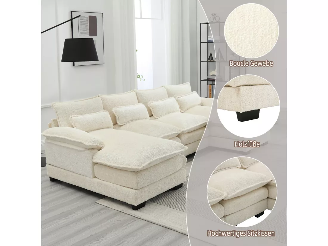 Grand canapé 4 places panoramique, forme de U, avec 4 oreillers lombaires, 261x134x82cm, Beige