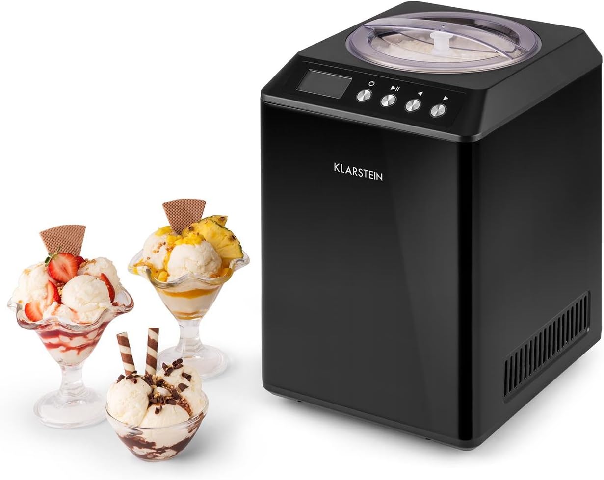 Klarstein Vanilla Sky Family - Eismaschine, Eisbereiter, Speiseeismaschine, Kühlhaltefunktion, LED-Display, Timer, Edelstahl, einfache Reinigung, 250 Watt, 2,5 Liter Fassungsvermögen, Schwarz