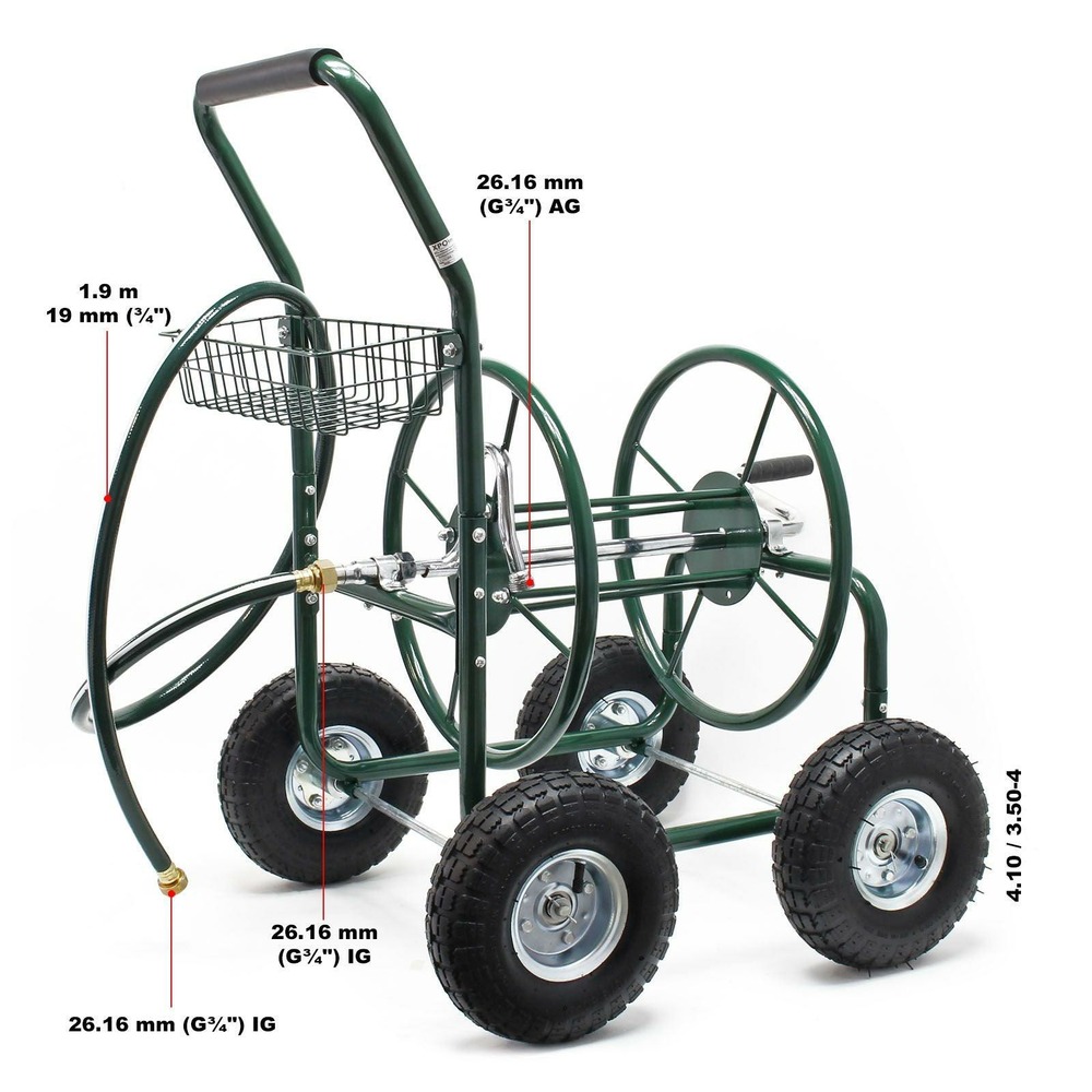 Chariot de tuyau 16mm tuyau d’arrosage 76m raccord de 19mm 4 roues dévidoir