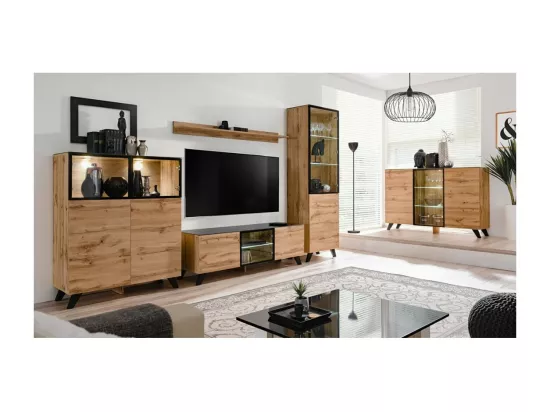 Meuble tv TINO. Idéal pour votre salon. Look tendance type industriel, bois, verre et métal.