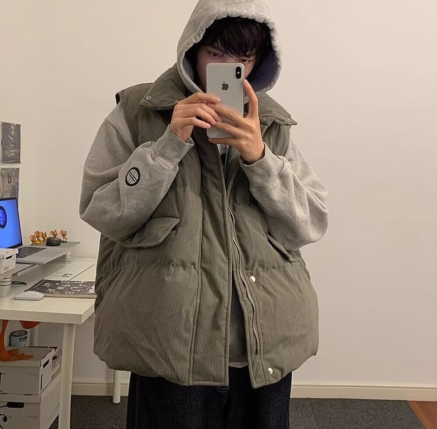 Real Boy - Corduroy opstaande kraag effen gewatteerd vest met rits en knopen