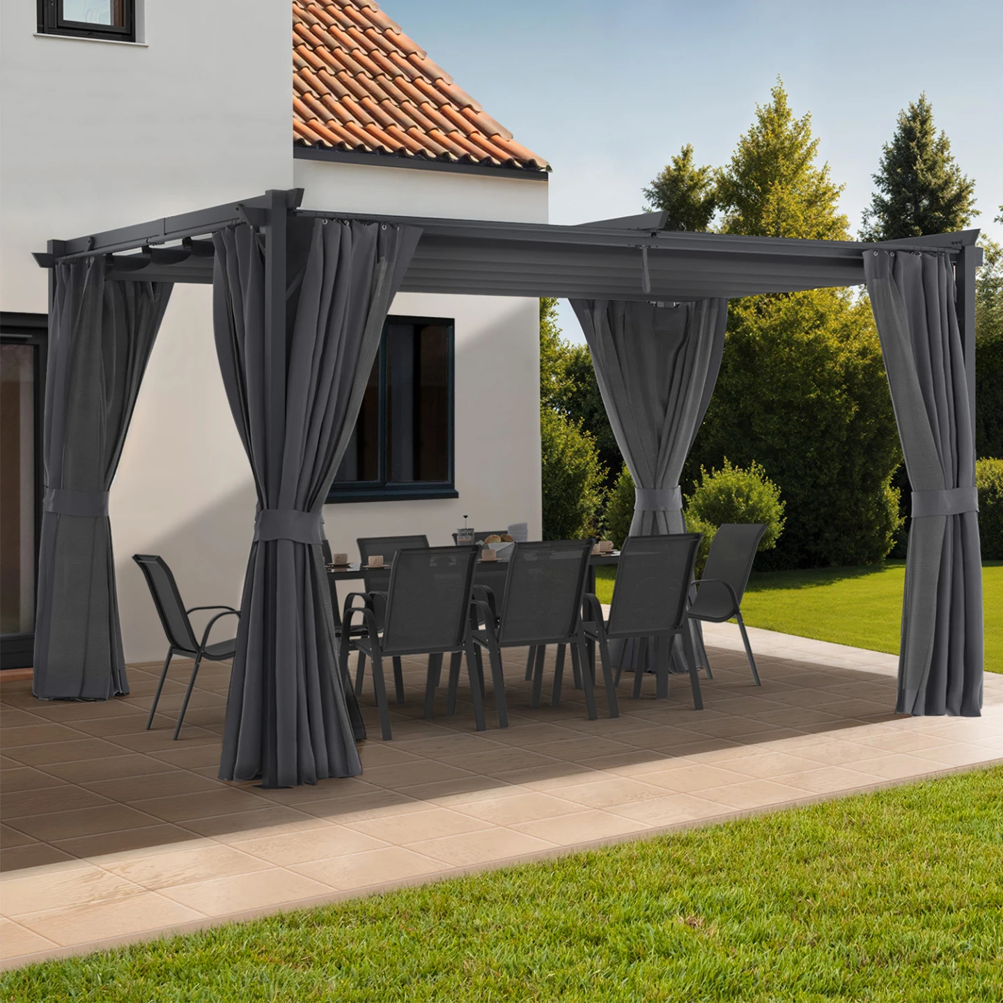 Pergola moustiquaire toit rétractable 3x4M et 4 rideaux gris