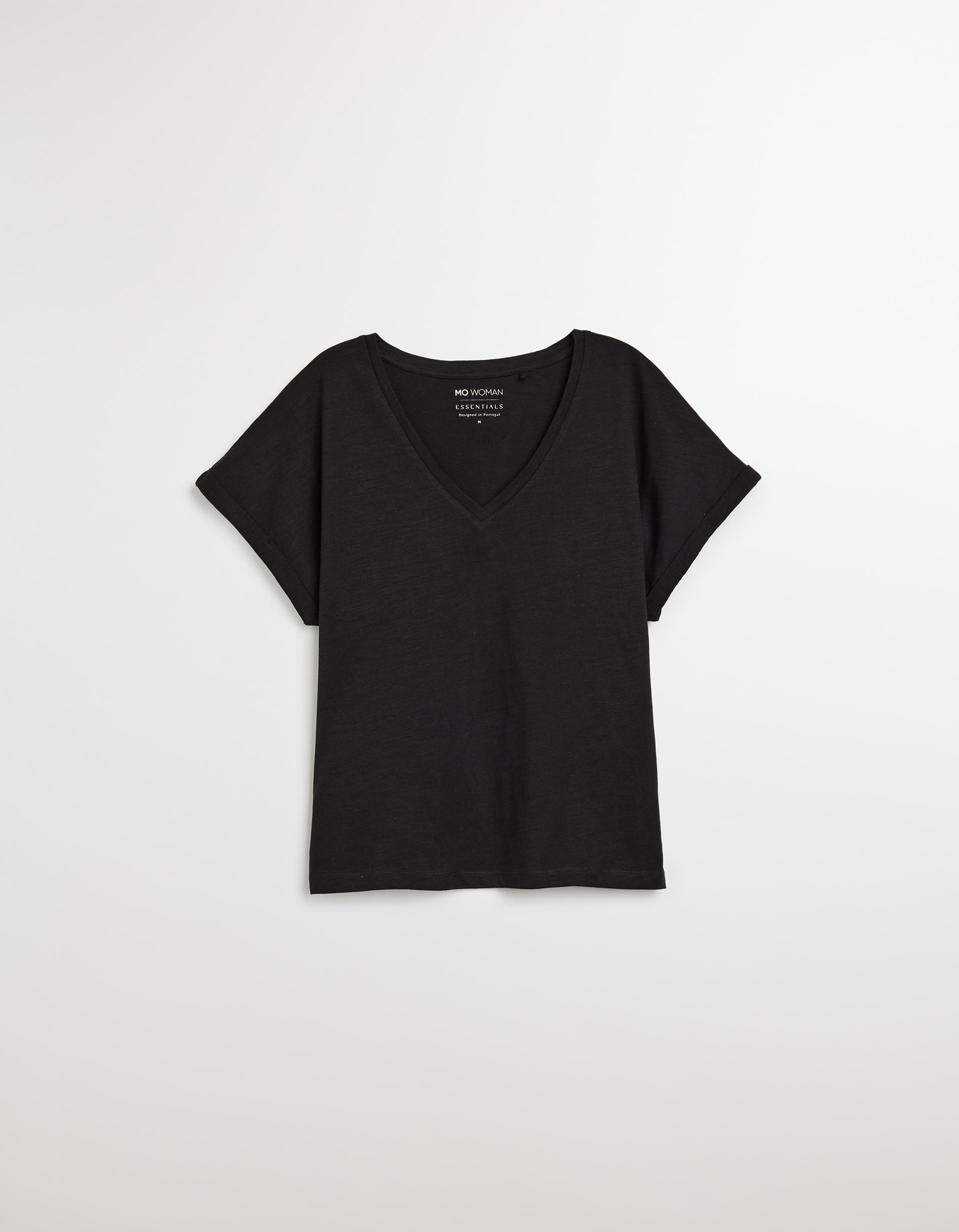 T-shirt Decote em V, Mulher, Preto