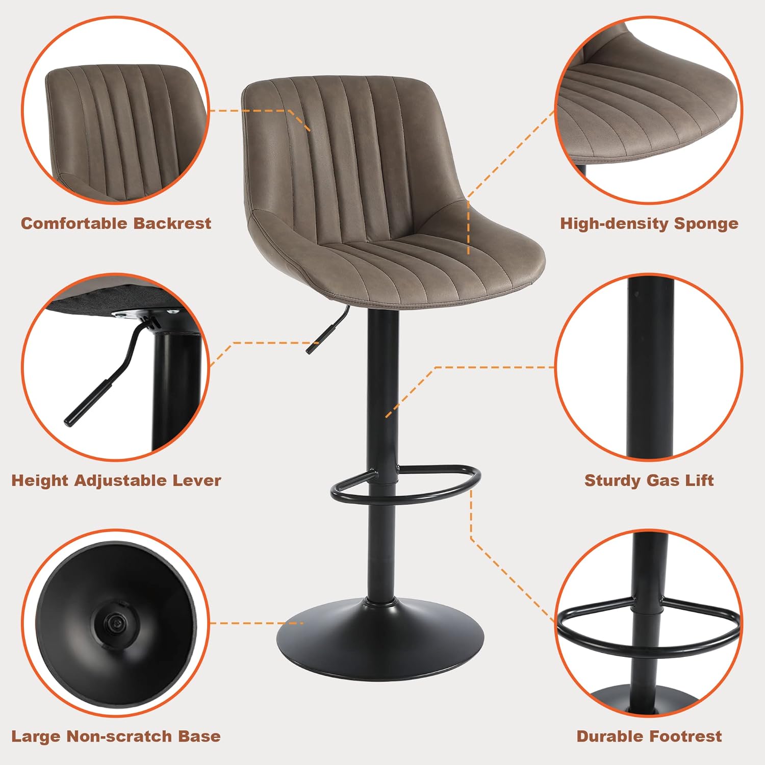 Youhauchair Barhocker 2er Set, Drehbare Barhocker mit Lehne, Höhenverstellbar aus PU-Leder, Moderner Barstuhl Küchenhocker Bar Hocker Bar Stool, Braun